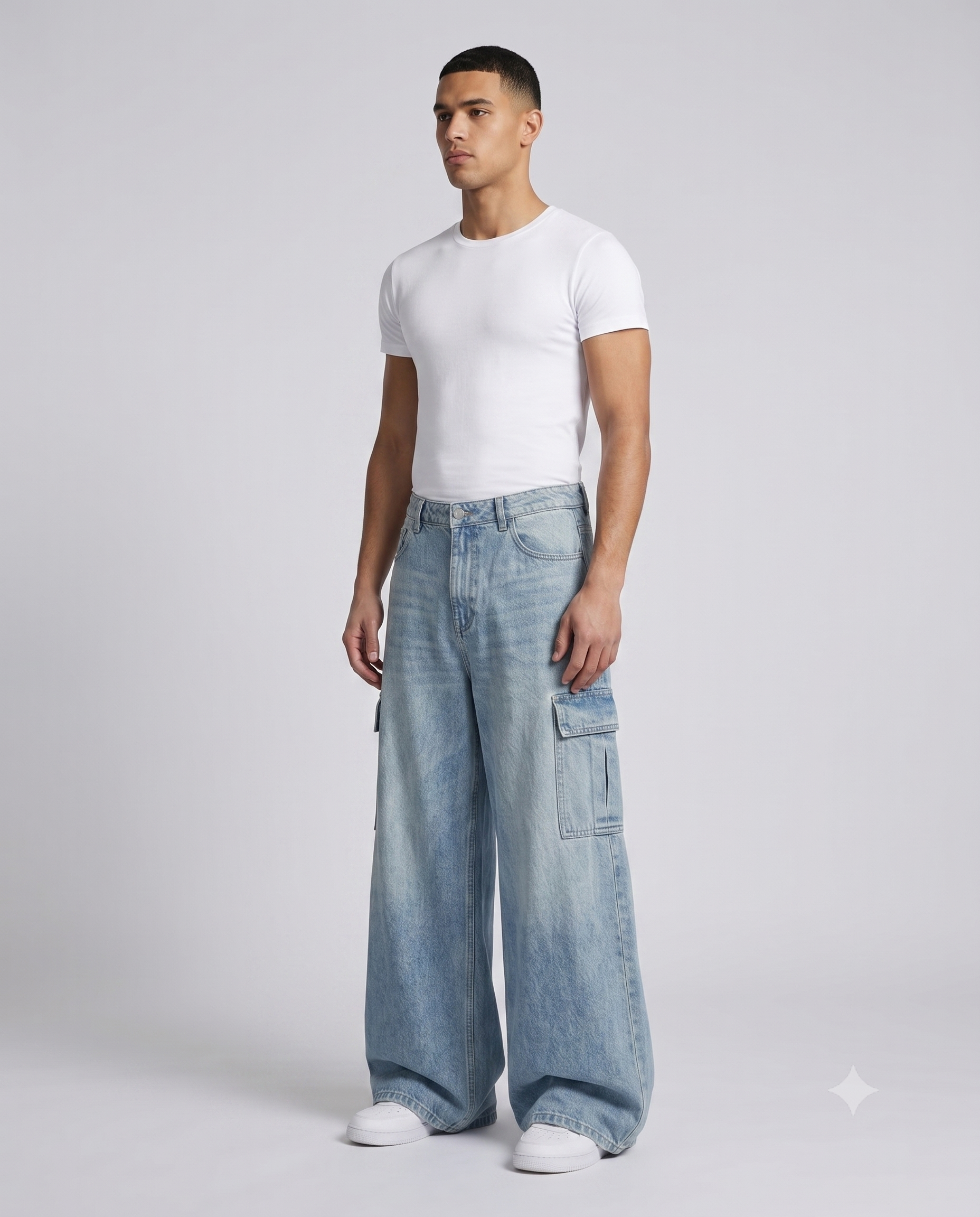 Slack Cargo Jeans — Pleated Patchwork on model — three-quarter view