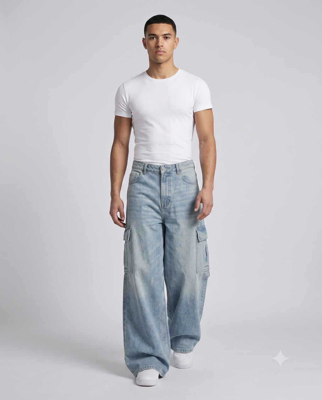 Slack Cargo Jeans — Pleated Patchwork on model — walking, fabric in motion