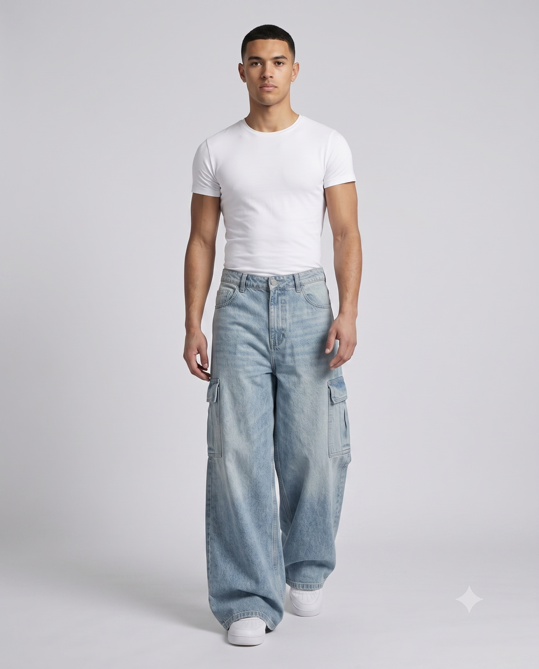 Slack Cargo Jeans — Pleated Patchwork on model — walking, fabric in motion