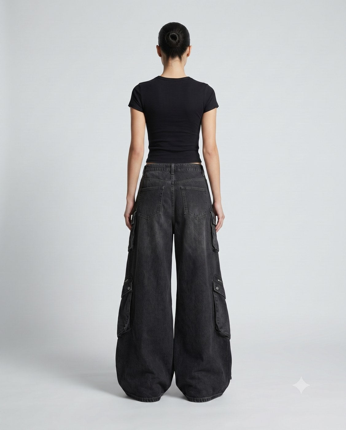 Women's Cargo Baggy Jeans — Jet Black on model — back view