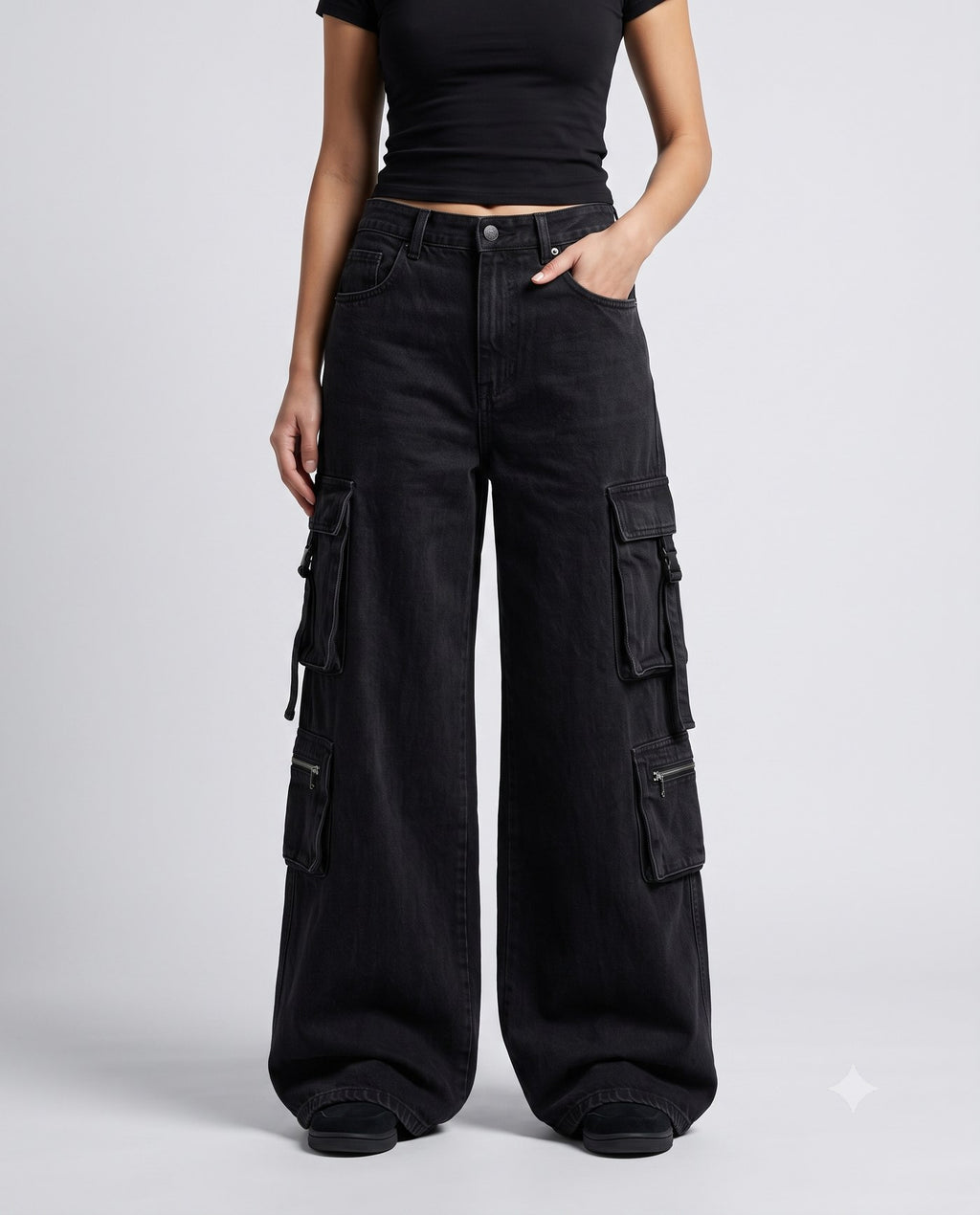Women's Cargo Baggy Jeans — Jet Black on model — waist and pocket detail
