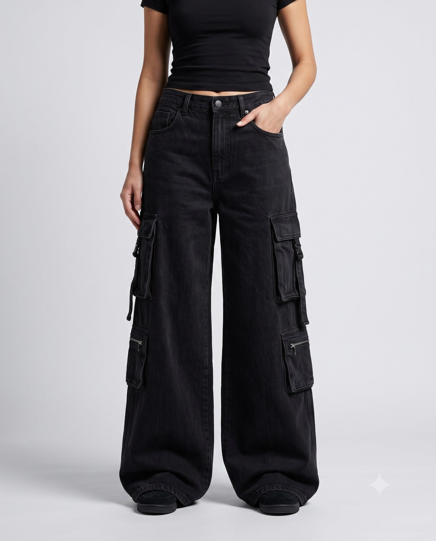 Women's Cargo Baggy Jeans — Jet Black on model — waist and pocket detail