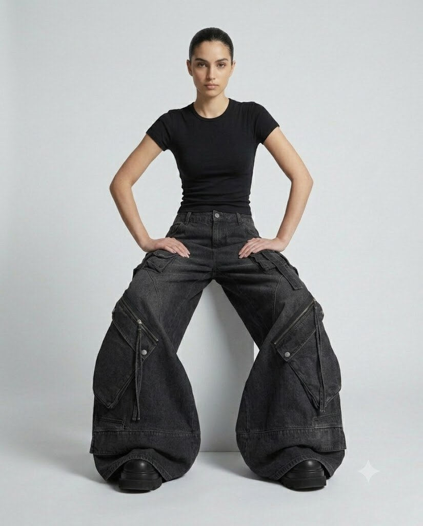 Women's Cargo Baggy Jeans — Jet Black on model — seated fit view