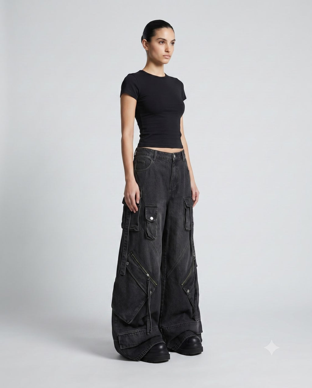 Women's Cargo Baggy Jeans — Jet Black on model — three-quarter view