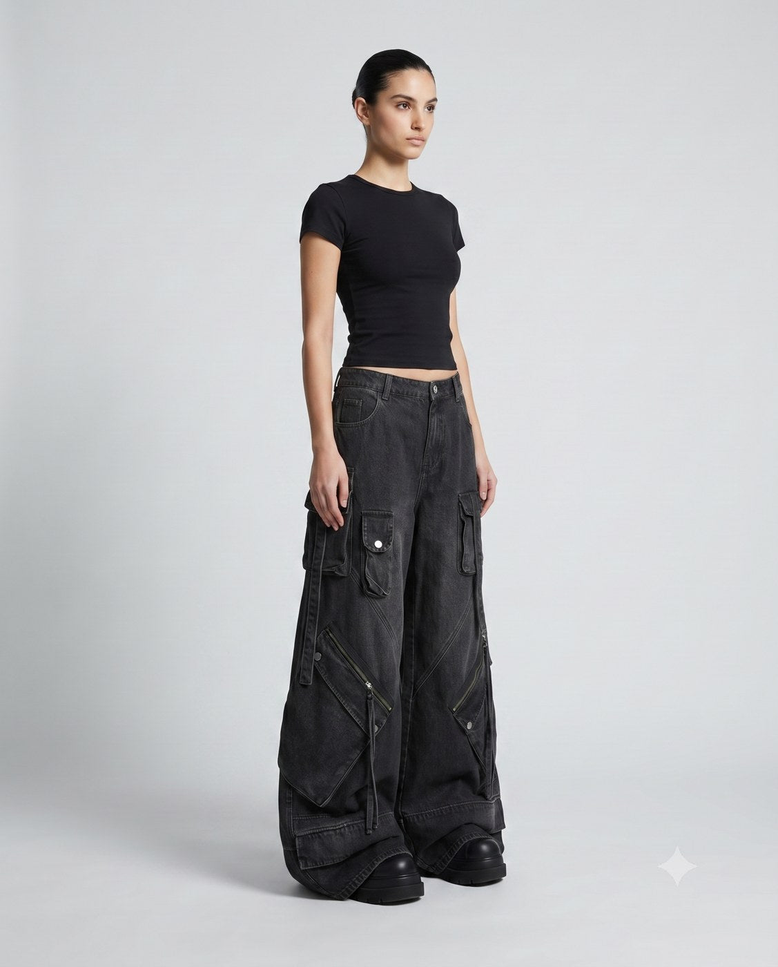 Women's Cargo Baggy Jeans — Jet Black on model — three-quarter view