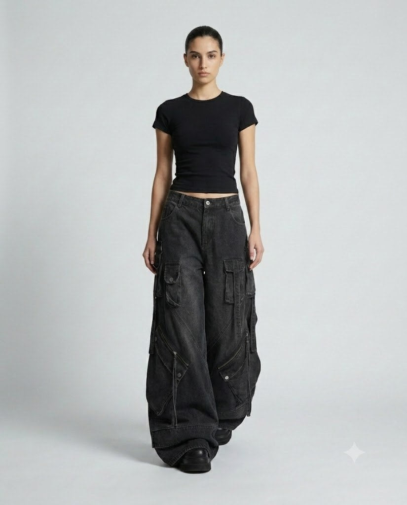 Women's Cargo Baggy Jeans — Jet Black on model — walking, fabric in motion