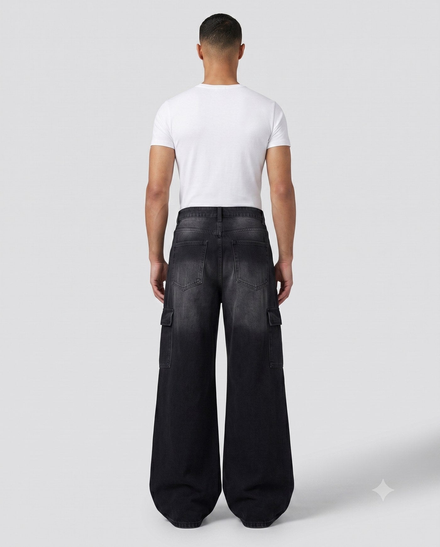 Easy Cargo Jeans — Black & Grey on model — back view