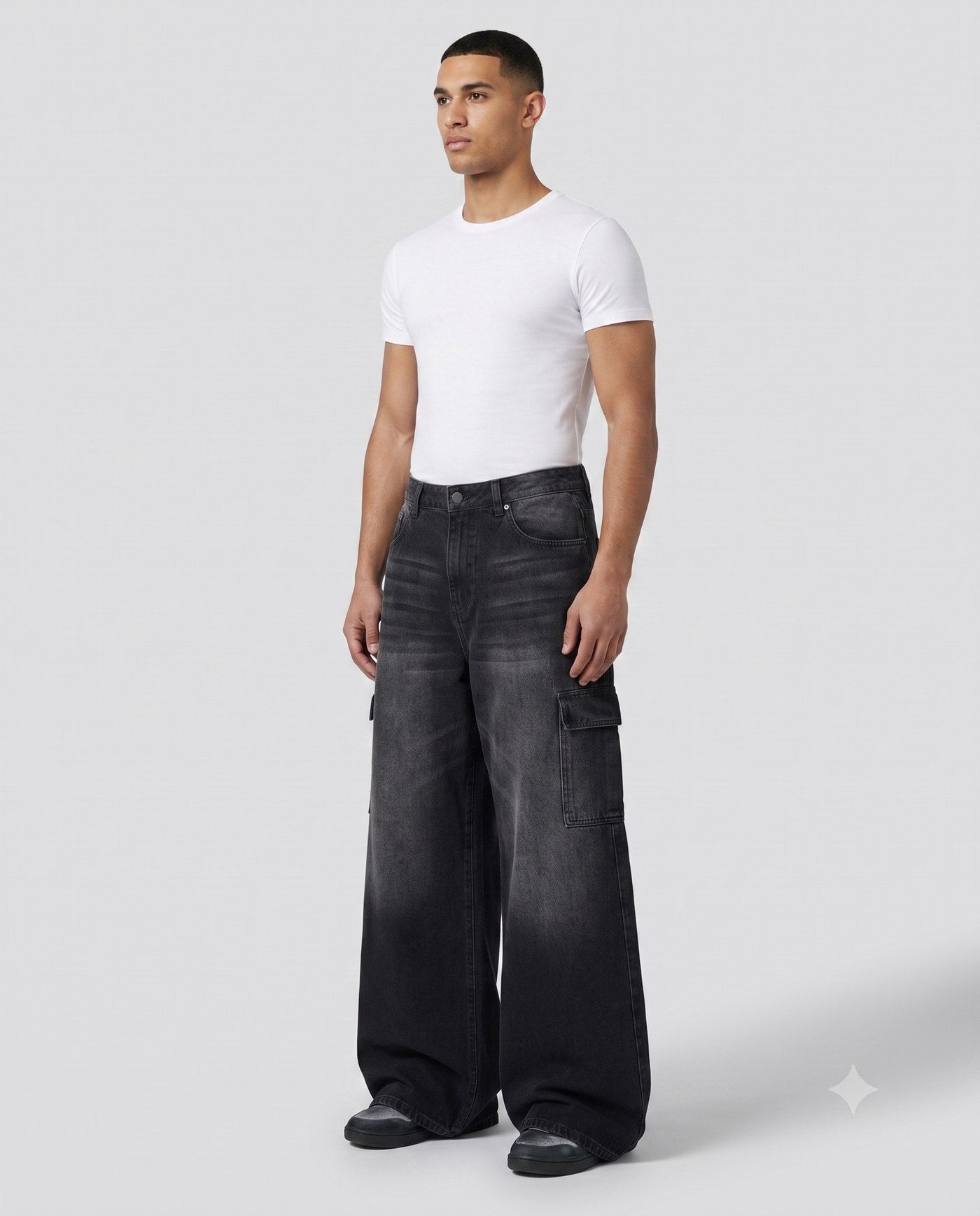 Easy Cargo Jeans — Black & Grey on model — three-quarter view
