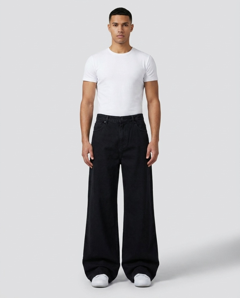 Easy Cargo Jeans — Black & Grey on model — walking, fabric in motion