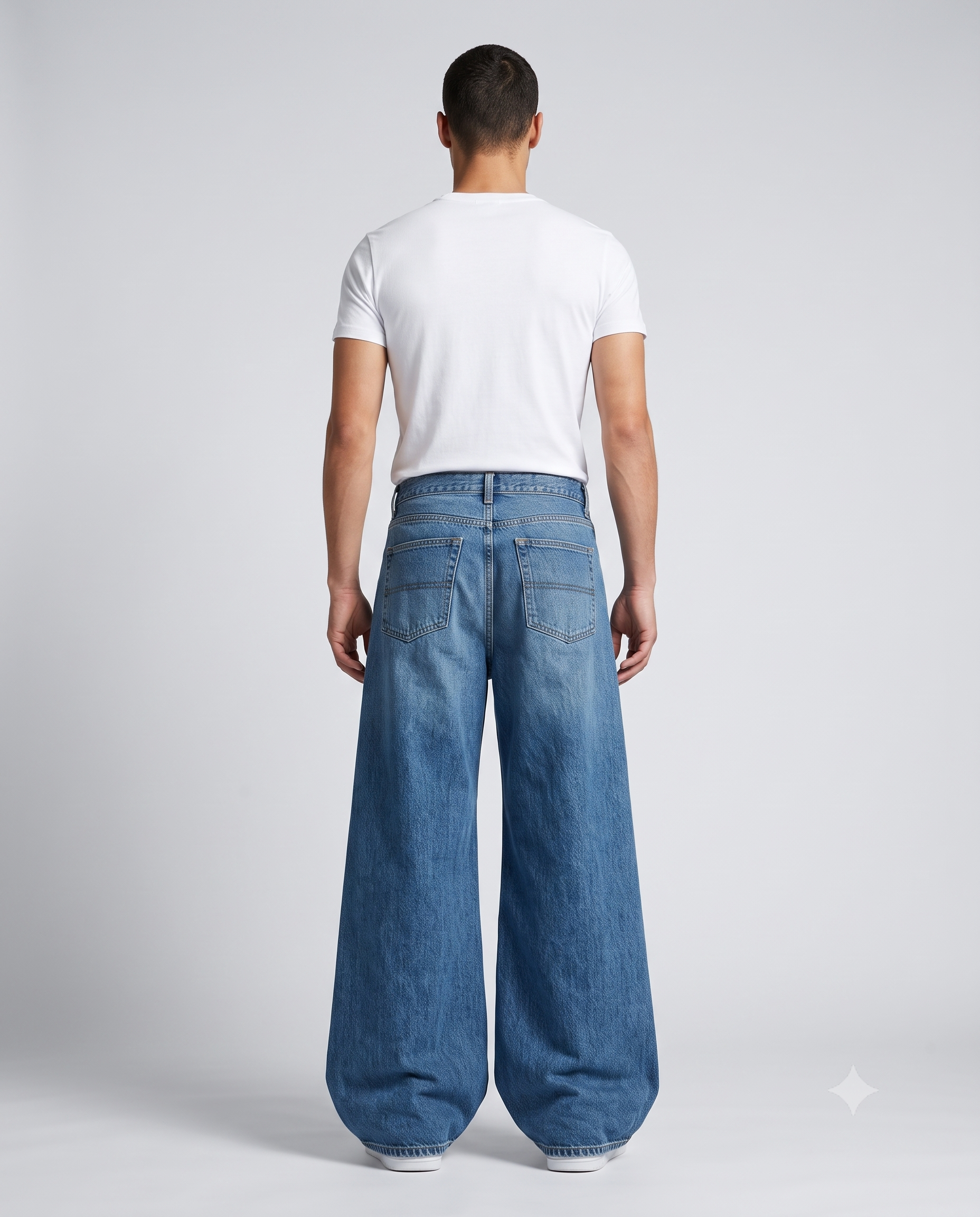Slack Loose Fit Jeans — Three-Bar Retro on model — back view