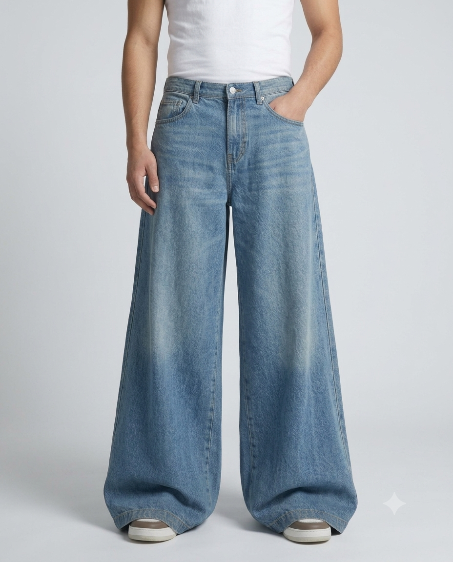 Slack Loose Fit Jeans — Three-Bar Retro on model — waist and pocket detail