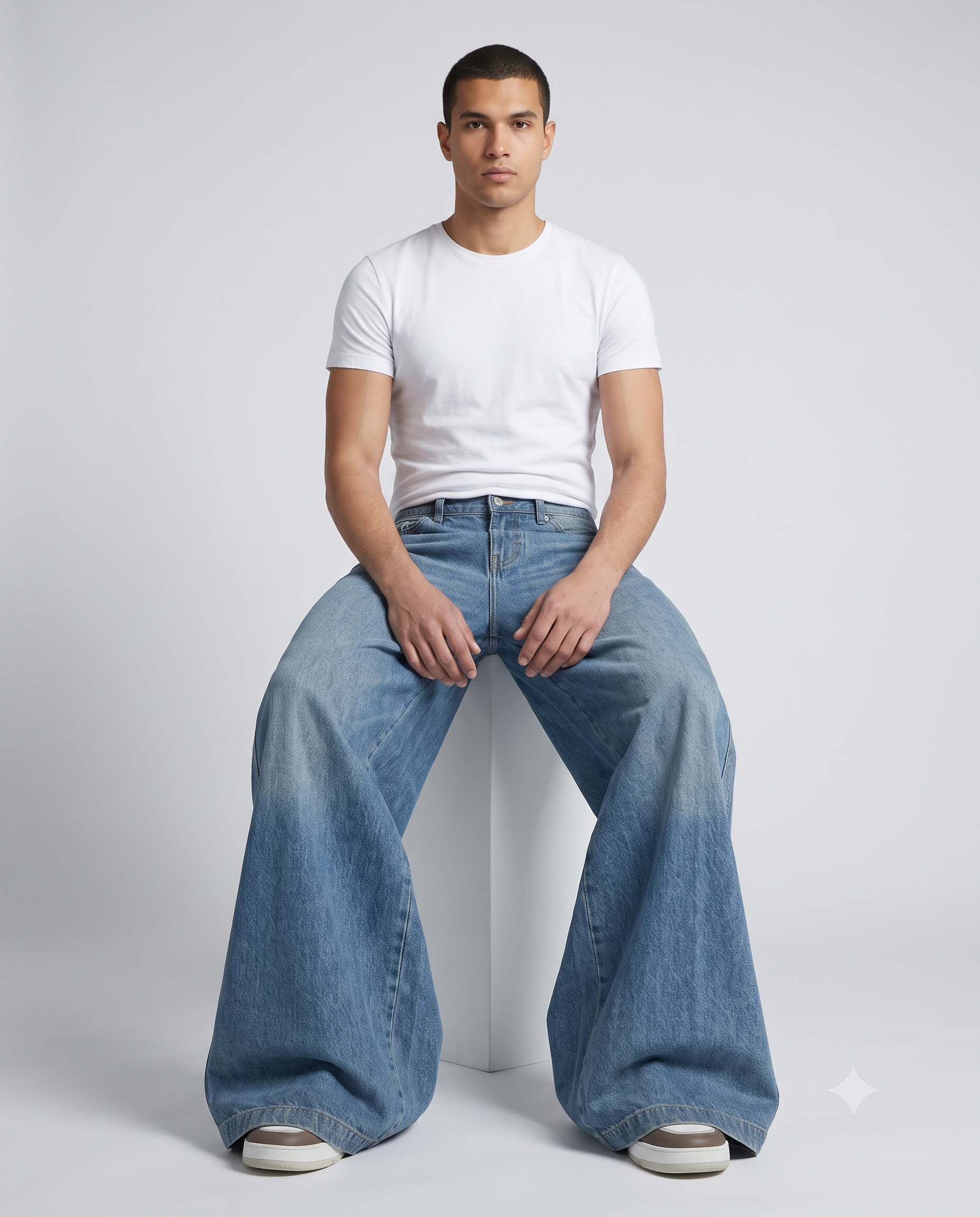 Slack Loose Fit Jeans — Three-Bar Retro on model — seated fit view