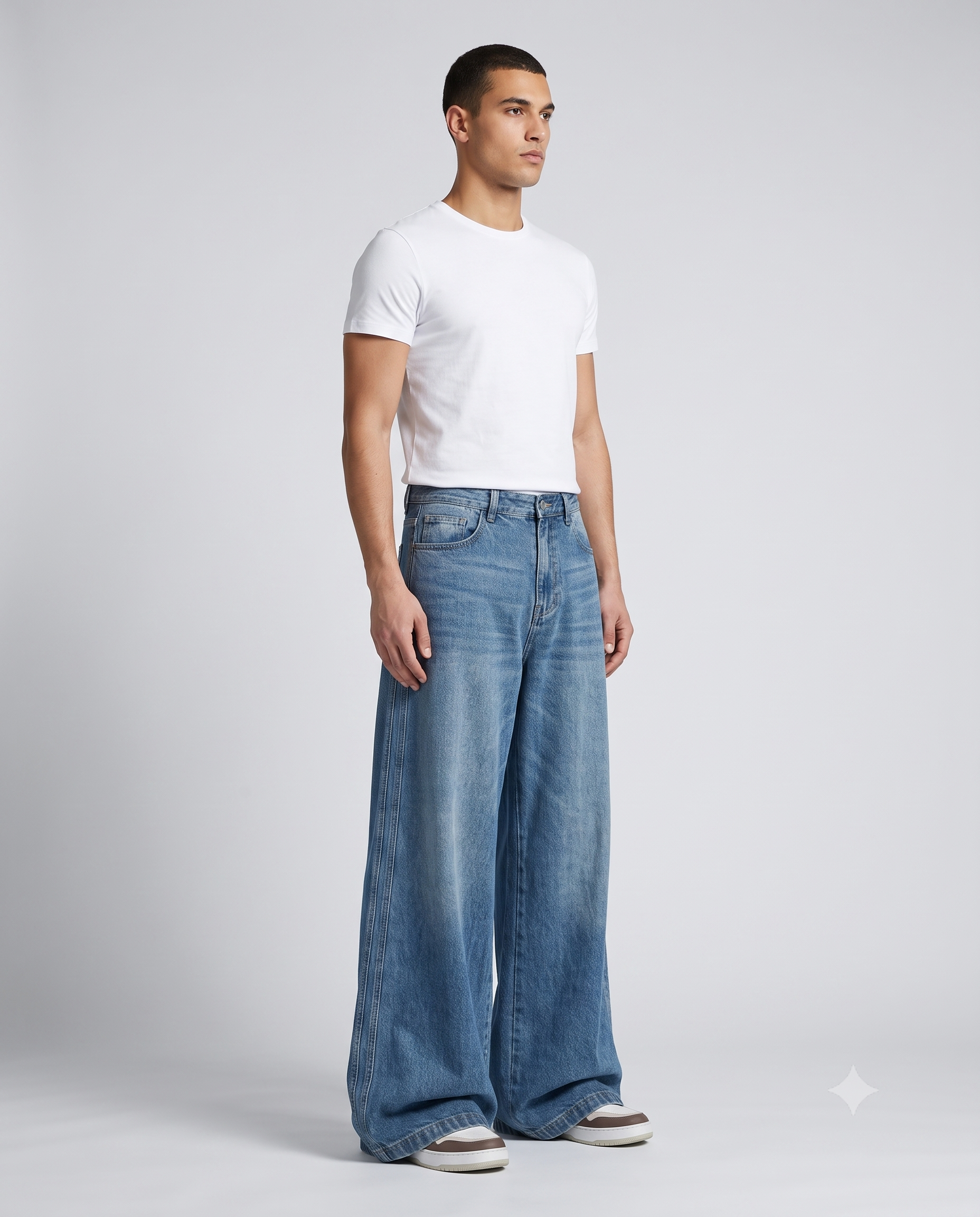 Slack Loose Fit Jeans — Three-Bar Retro on model — three-quarter view