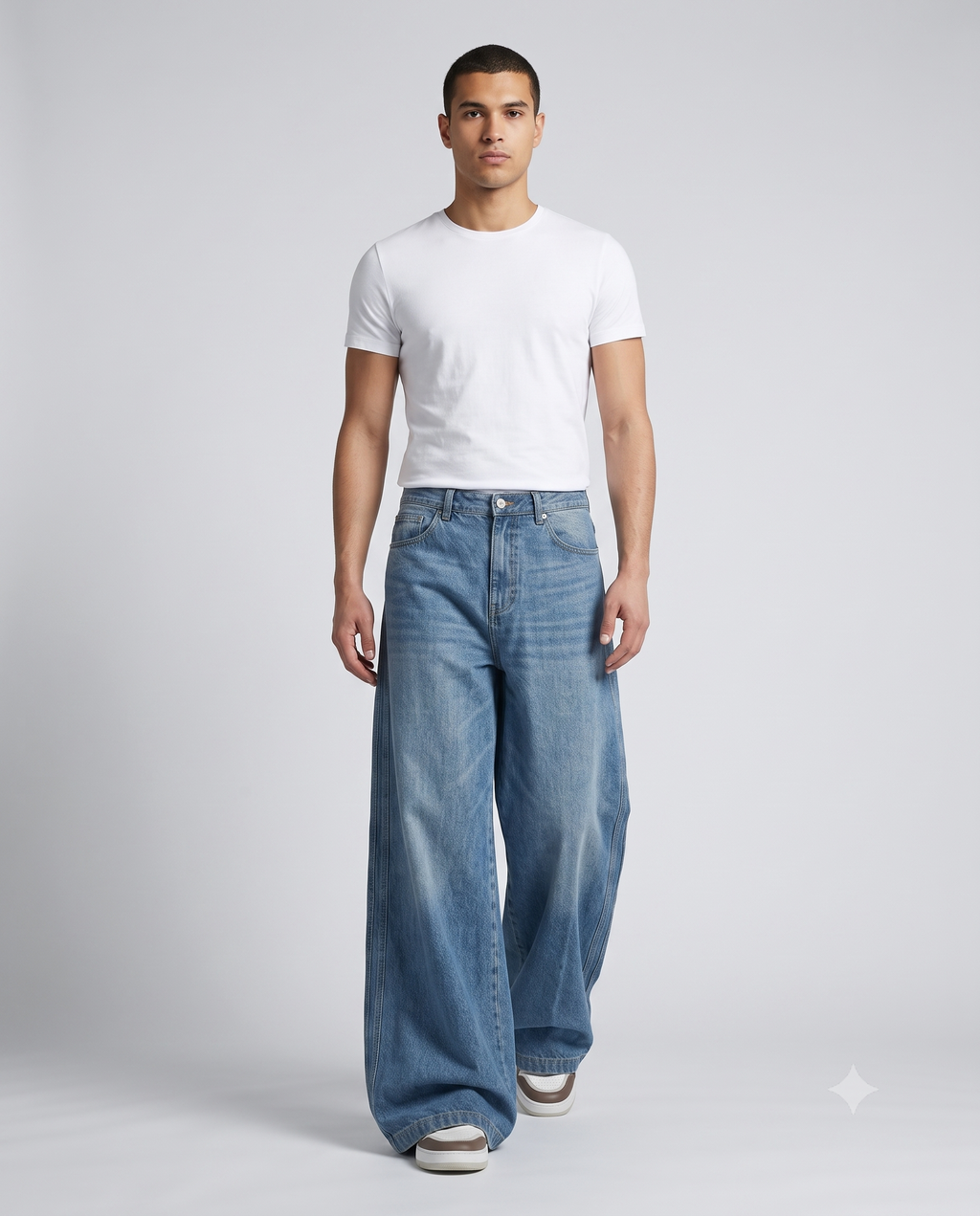 Slack Loose Fit Jeans — Three-Bar Retro on model — walking, fabric in motion
