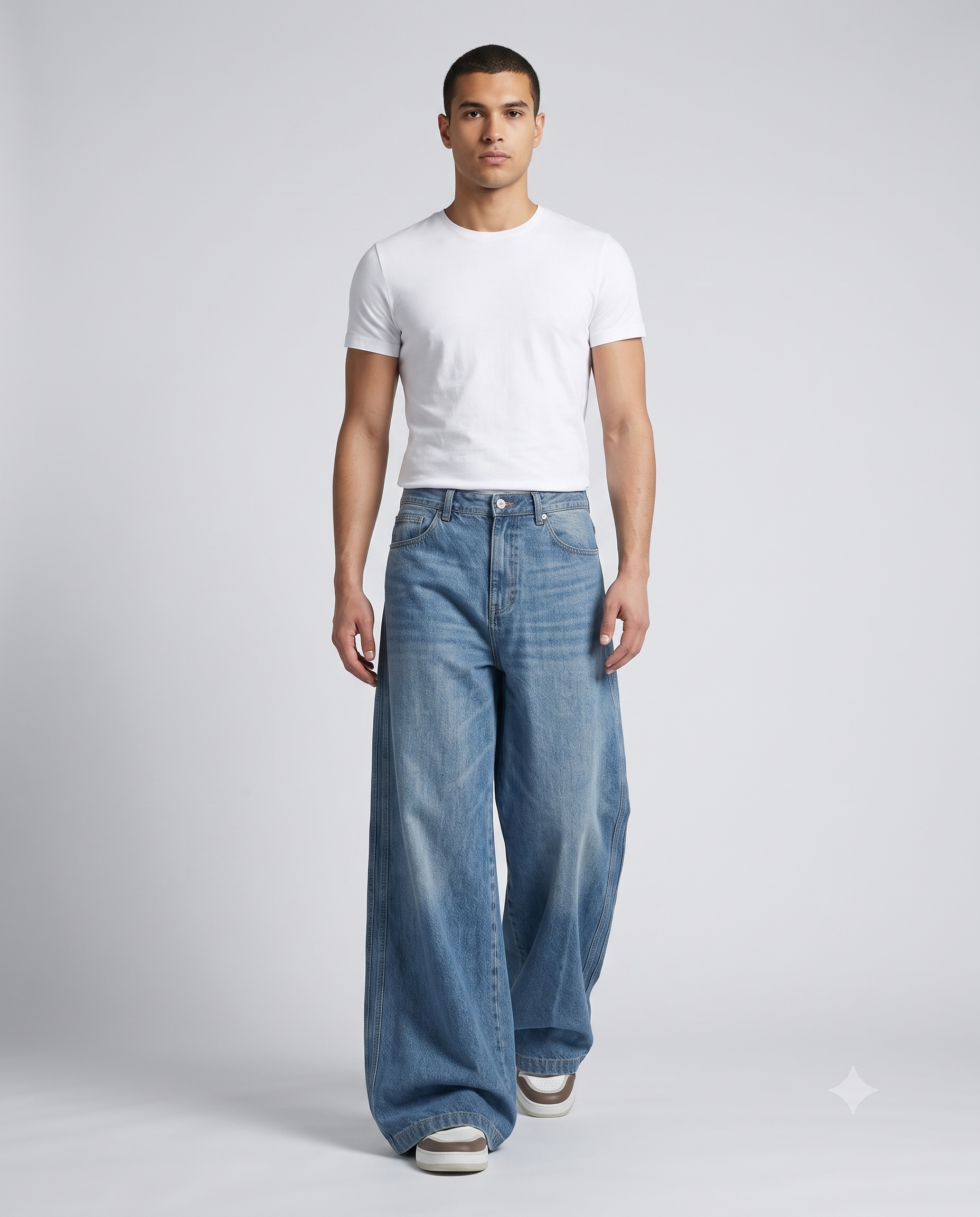 Slack Loose Fit Jeans — Three-Bar Retro on model — walking, fabric in motion
