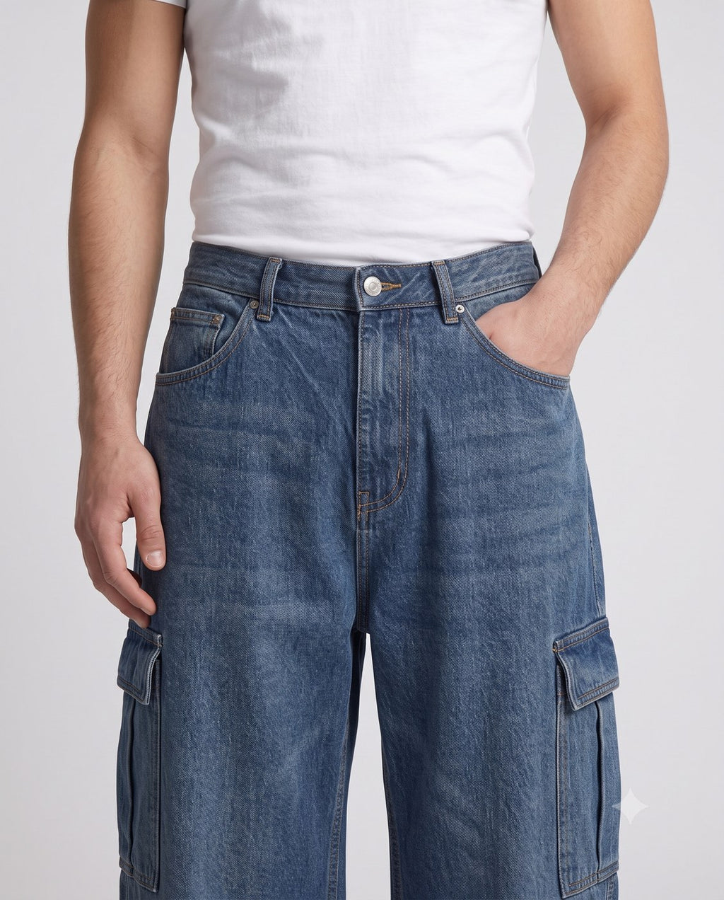 Big Easy Cargo Jeans — Night & Indigo on model — waist and pocket detail