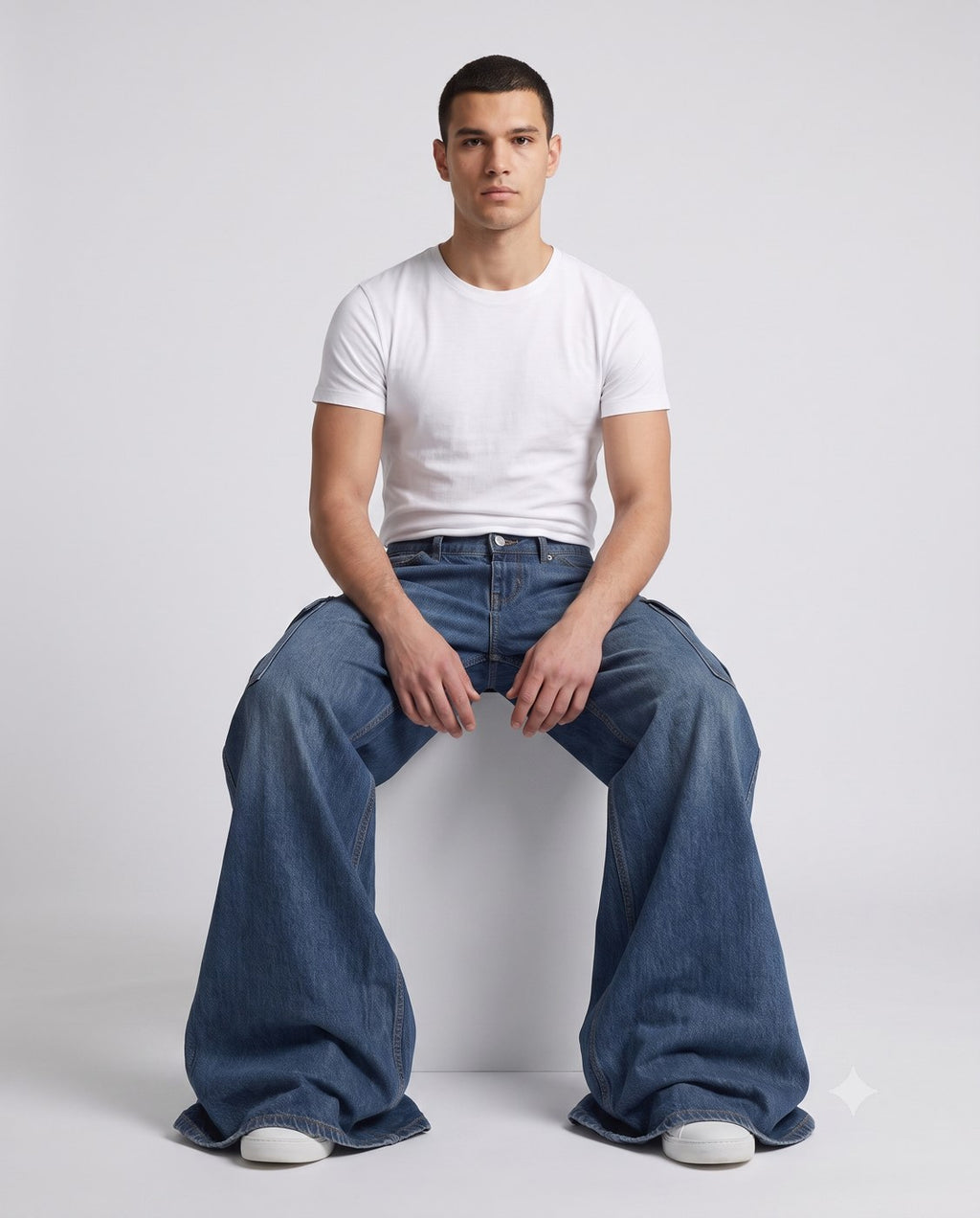 Big Easy Cargo Jeans — Night & Indigo on model — seated fit view