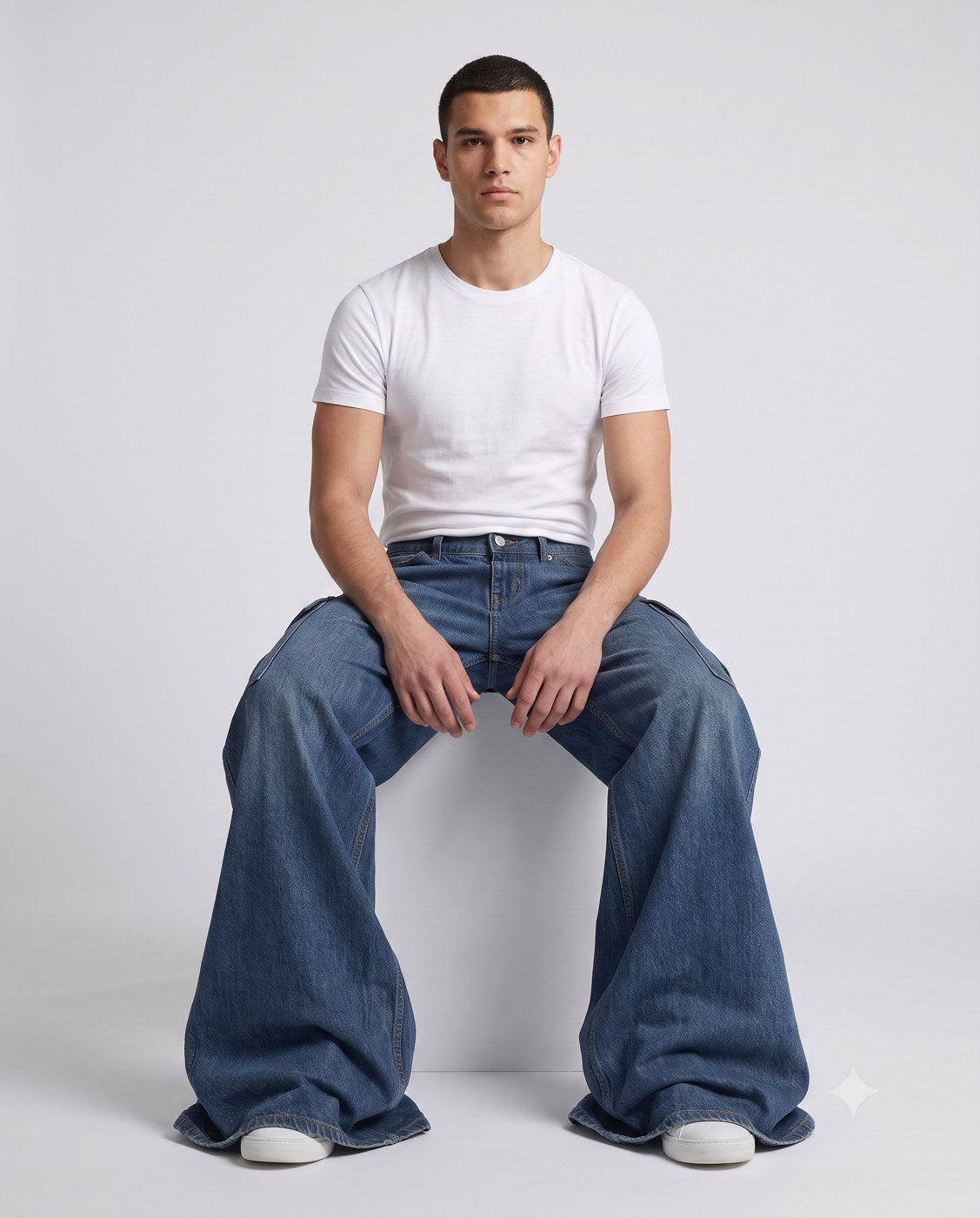 Big Easy Cargo Jeans — Night & Indigo on model — seated fit view