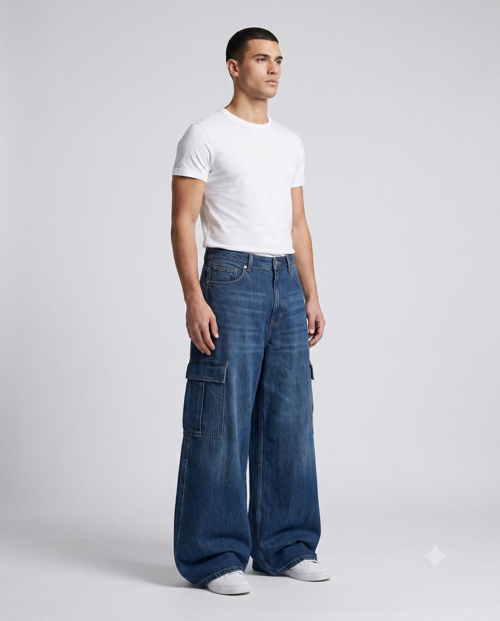 Big Easy Cargo Jeans — Night & Indigo on model — three-quarter view