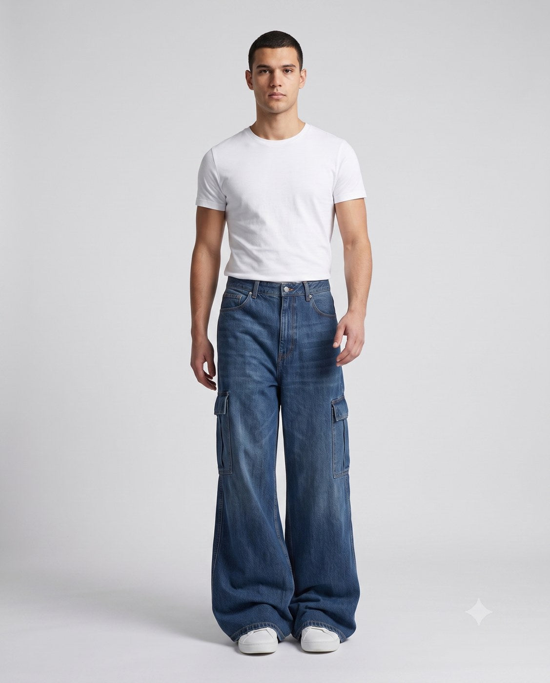 Big Easy Cargo Jeans — Night & Indigo on model — walking, fabric in motion