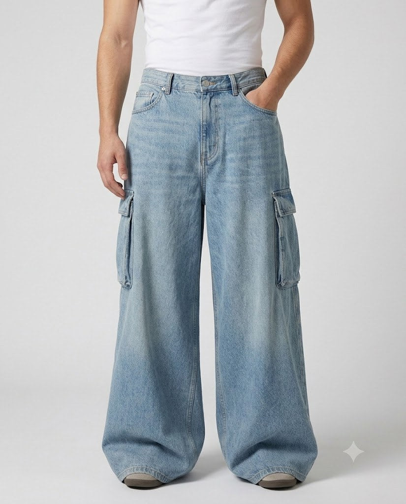 Slack Cargo Jeans — Vintage Wash on model — waist and pocket detail