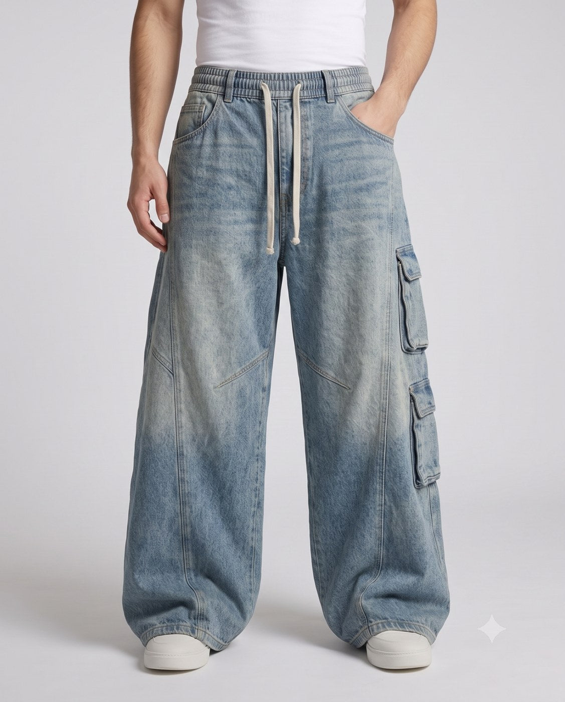 Slack Cargo Jeans — Faded Blue on model — waist and pocket detail