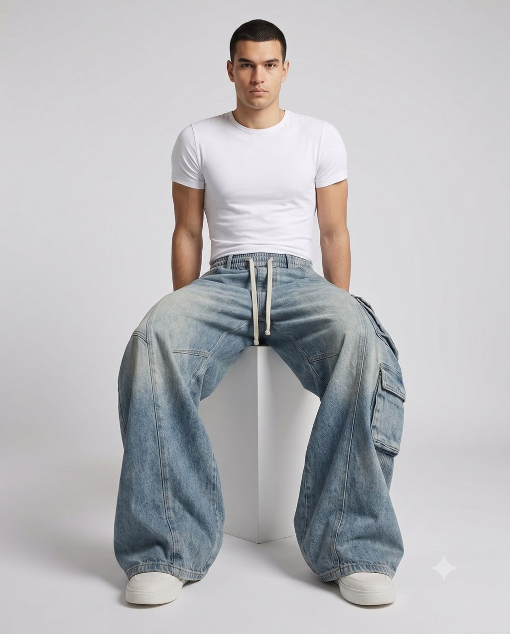 Slack Cargo Jeans — Faded Blue on model — seated fit view