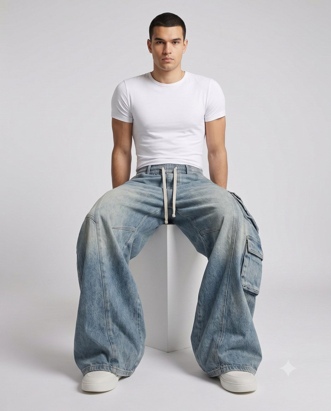 Slack Cargo Jeans — Faded Blue on model — seated fit view
