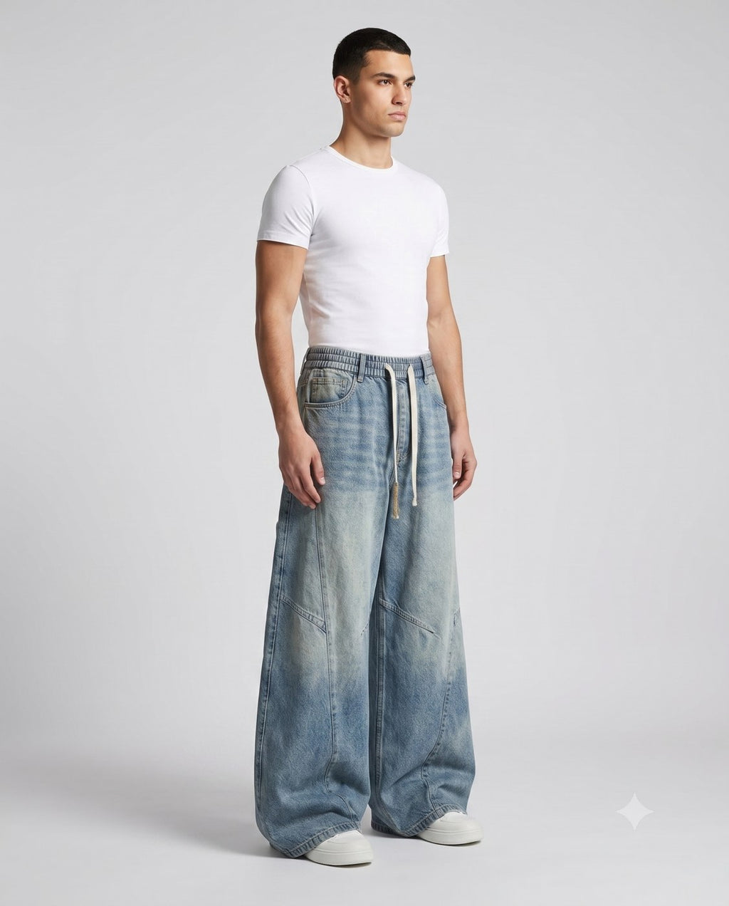 Slack Cargo Jeans — Faded Blue on model — three-quarter view