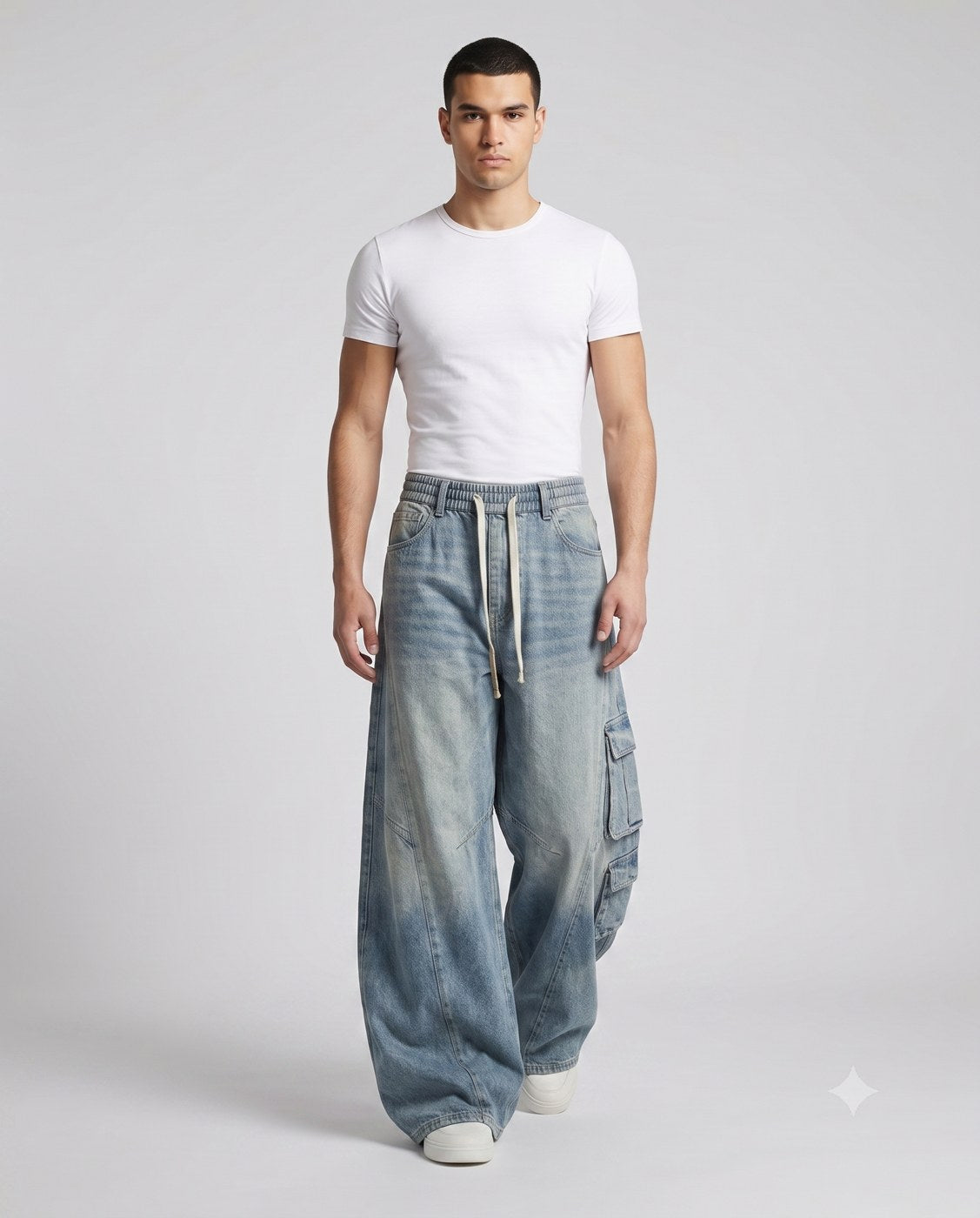 Slack Cargo Jeans — Faded Blue on model — walking, fabric in motion