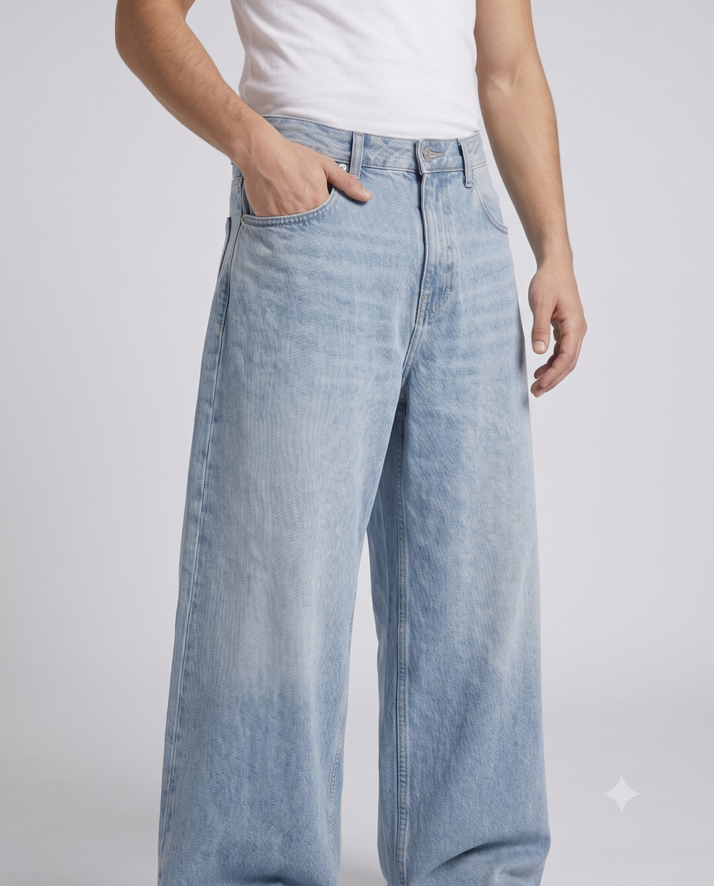 Big Easy Baggy Jeans — Sun Bleach on model — waist and pocket detail