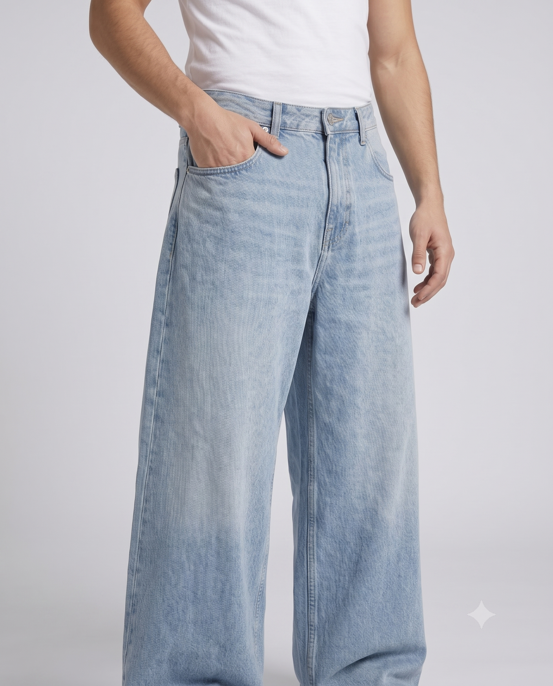 Big Easy Baggy Jeans — Sun Bleach on model — waist and pocket detail
