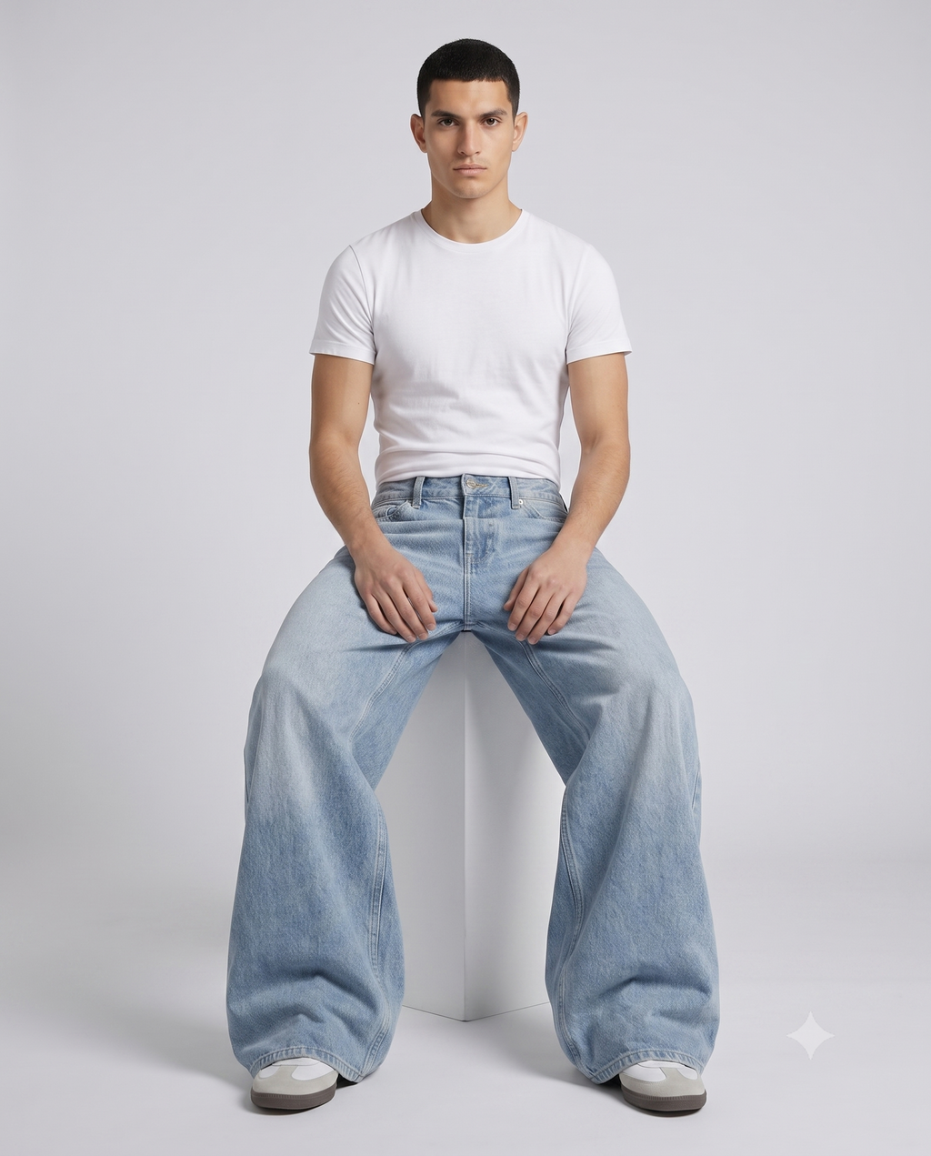 Big Easy Baggy Jeans — Sun Bleach on model — seated fit view