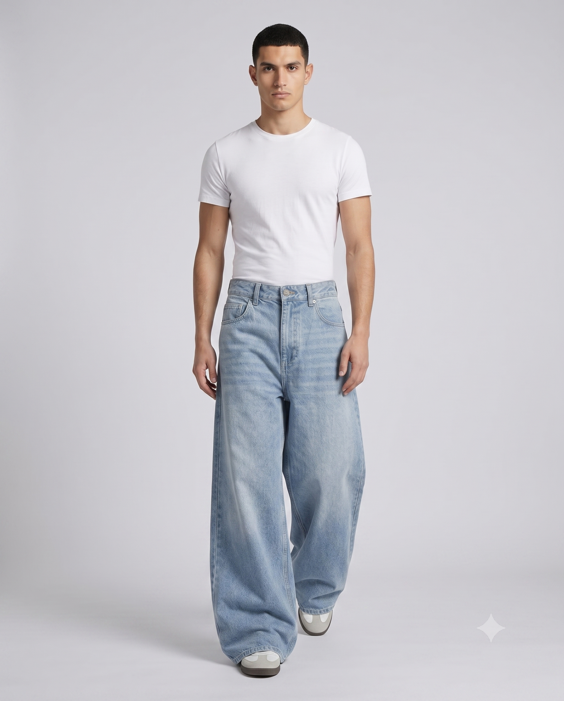 Big Easy Baggy Jeans — Sun Bleach on model — walking, fabric in motion