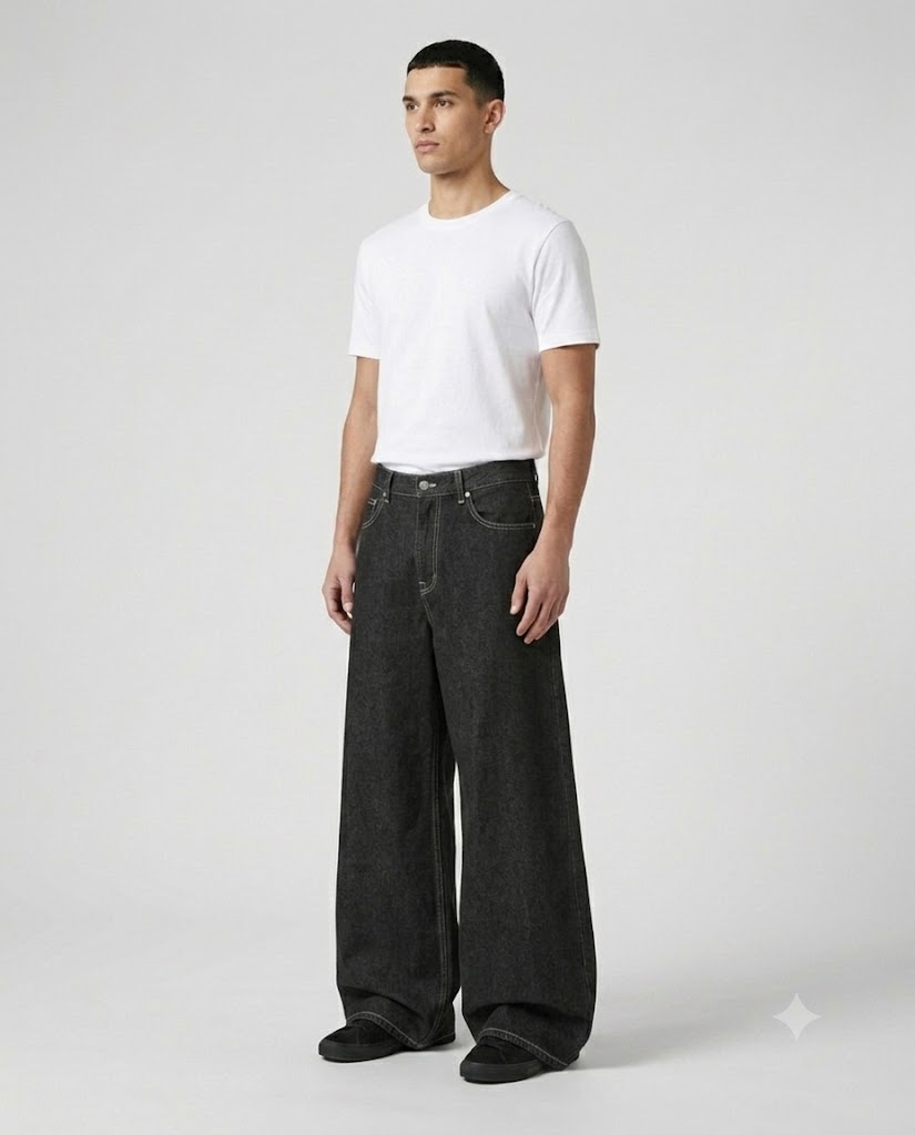 Big Easy Baggy Jeans — Black Graphic on model — three-quarter view