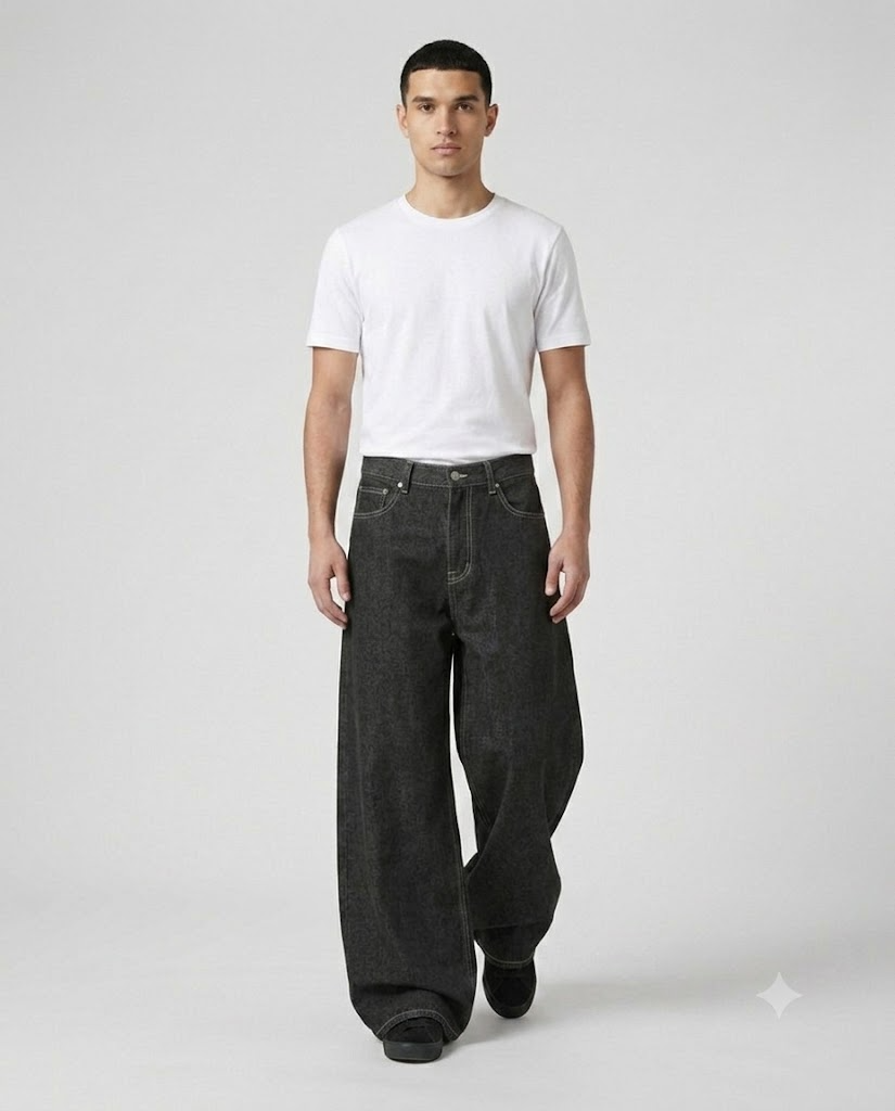 Big Easy Baggy Jeans — Black Graphic on model — walking, fabric in motion
