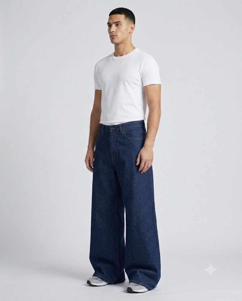 Anchor Straight Jeans — Dark Indigo on model — three-quarter view