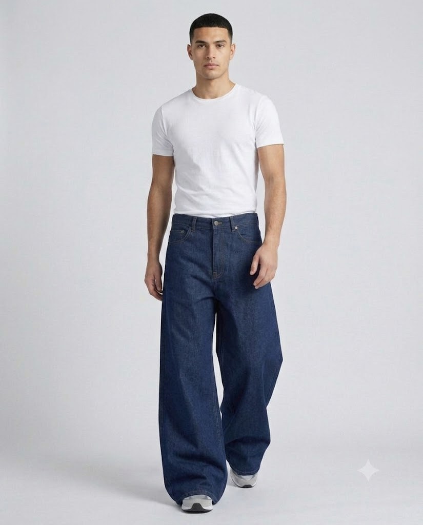 Anchor Straight Jeans — Dark Indigo on model — walking, fabric in motion