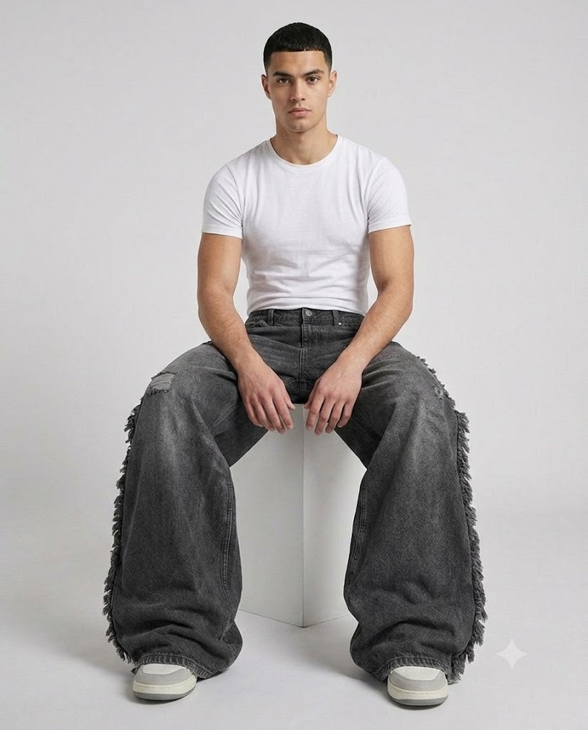 Big Easy Baggy Jeans — Frayed Black on model — waist and pocket detail