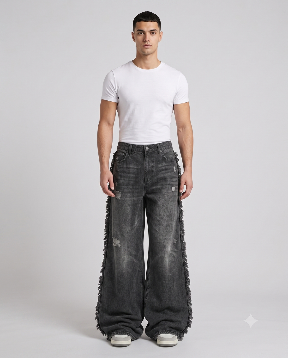 Big Easy Baggy Jeans — Frayed Black on model — walking, fabric in motion