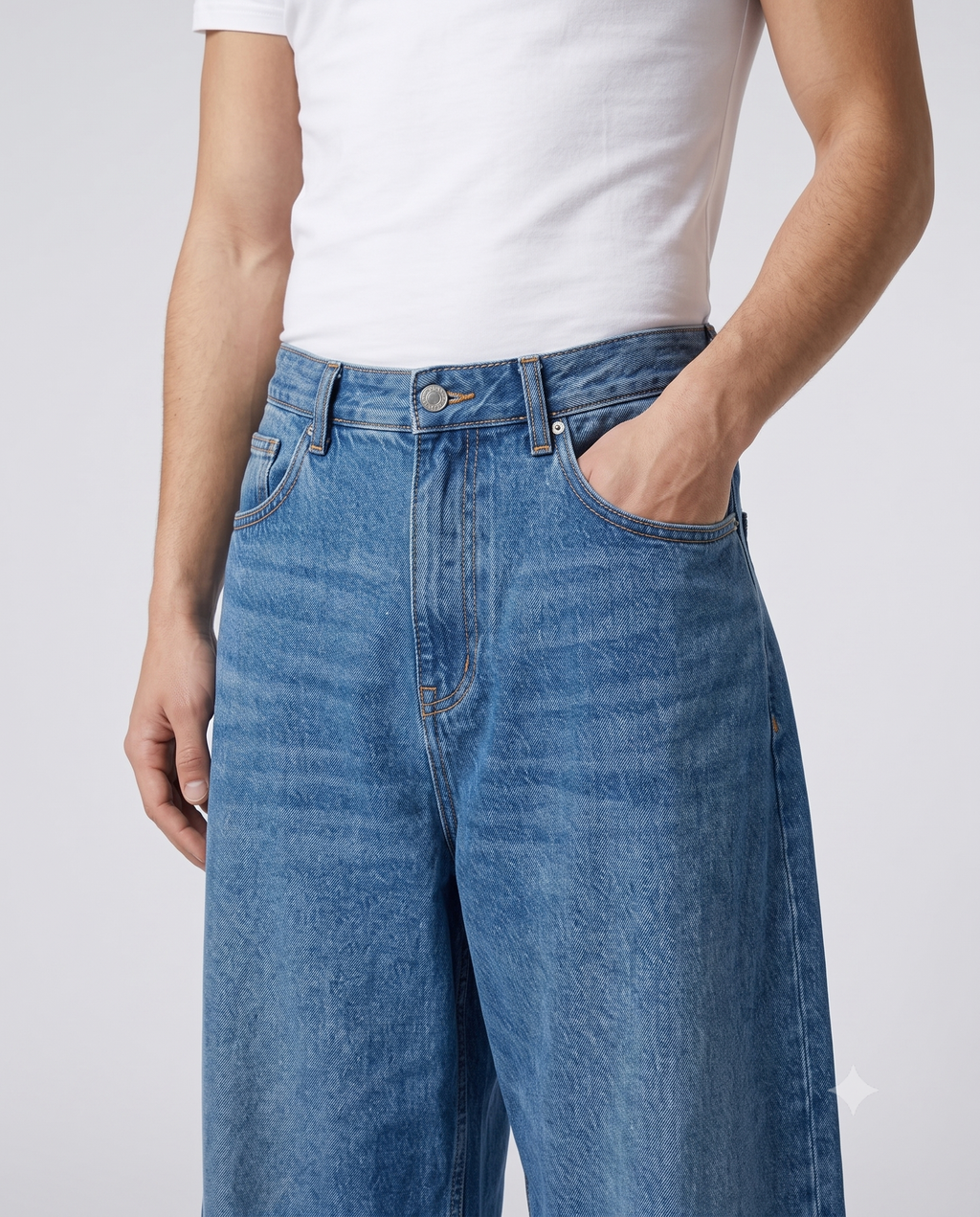 Big Easy Baggy Jeans — Classic Blue on model — waist and pocket detail