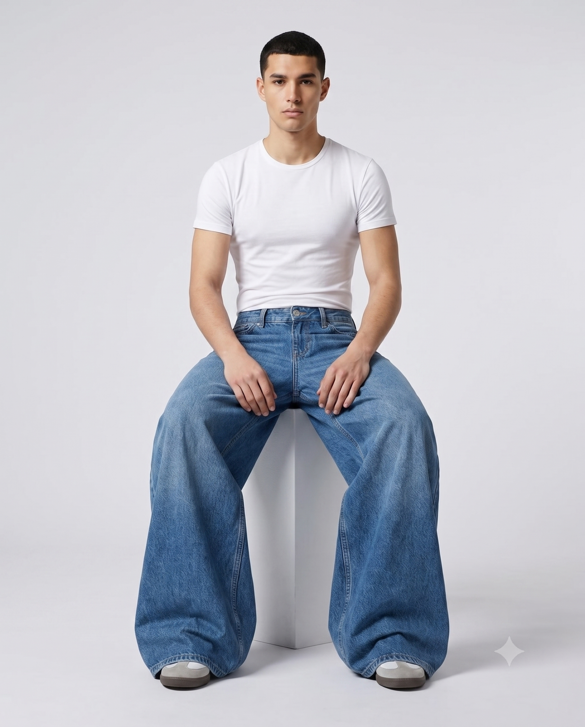 Big Easy Baggy Jeans — Classic Blue on model — seated fit view