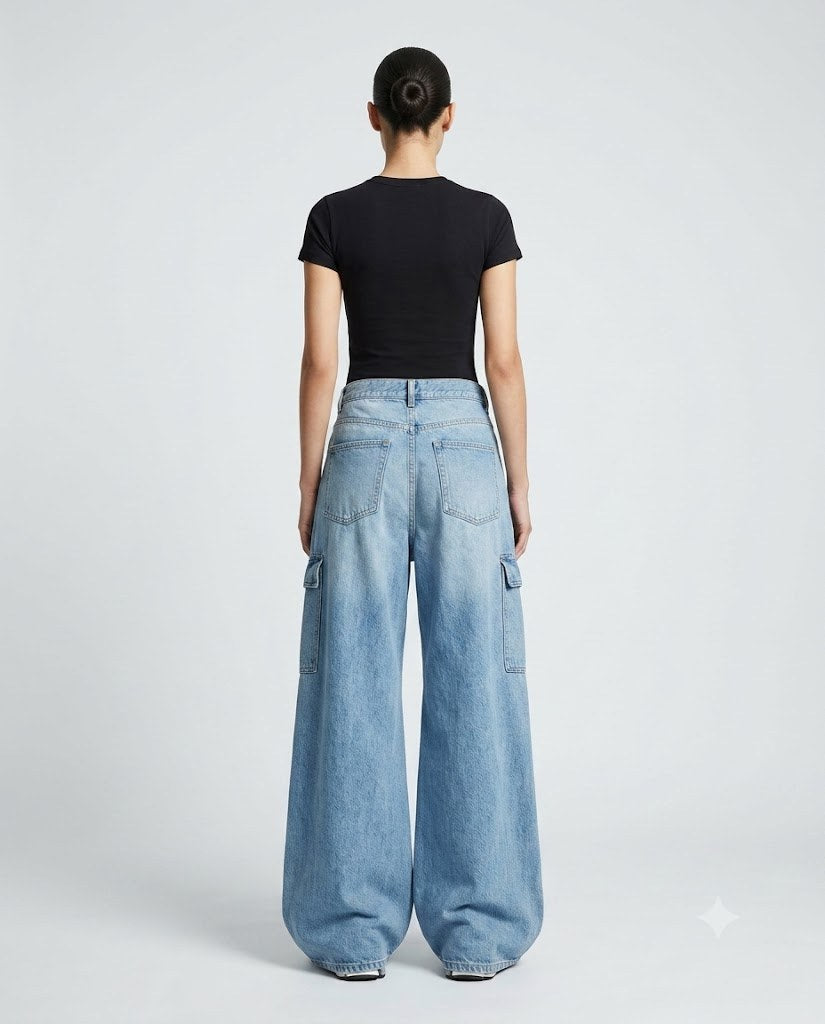 Women's Cargo Baggy Jeans — Washed Blue on model — back view