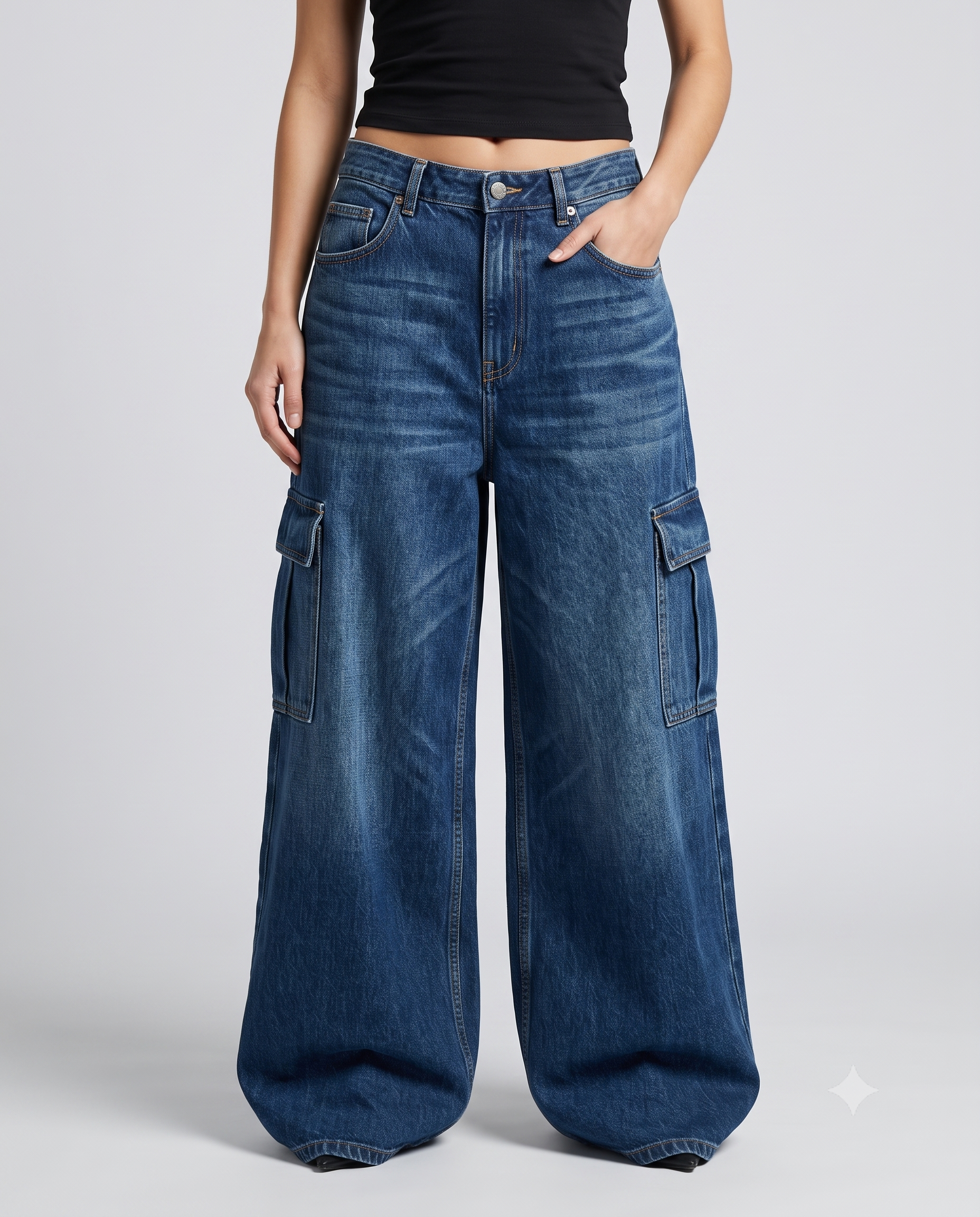 Women's Cargo Baggy Jeans — Washed Blue on model — waist and pocket detail