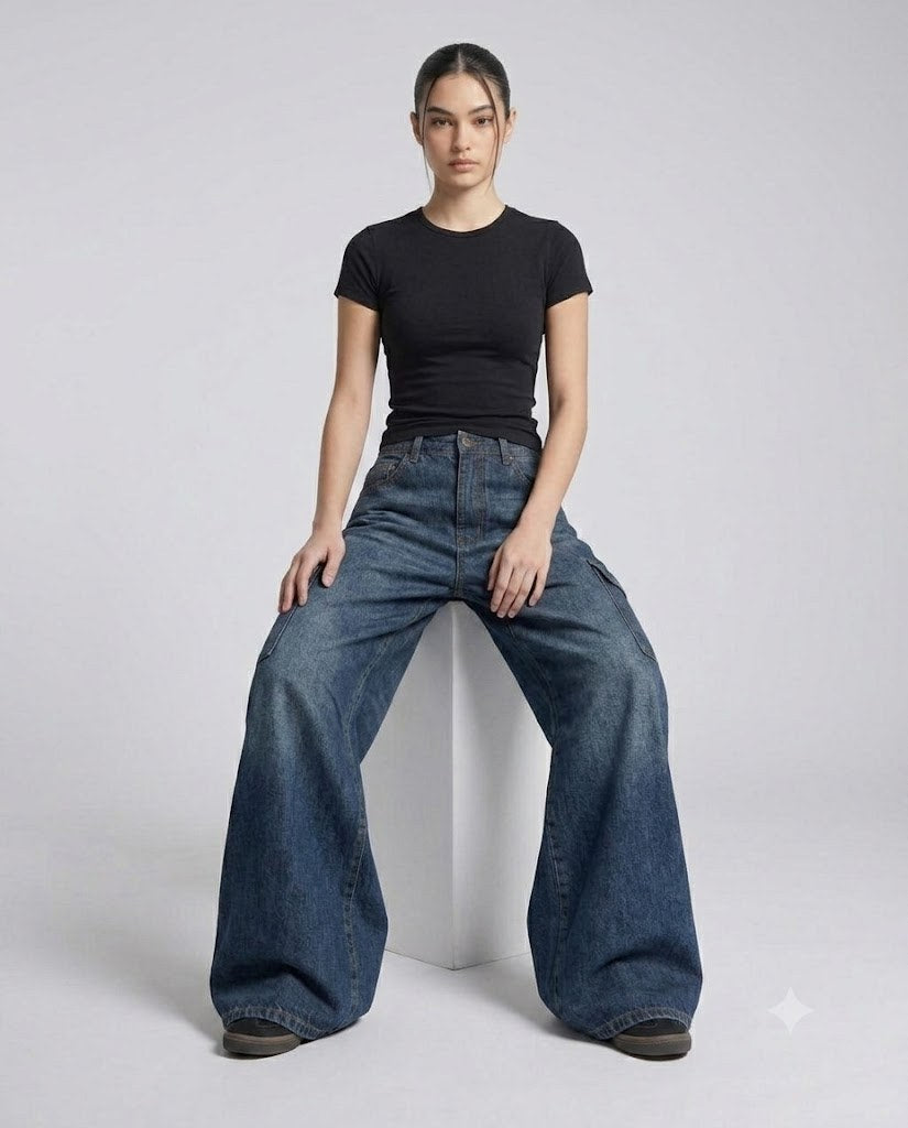 Women's Cargo Baggy Jeans — Washed Blue on model — seated fit view