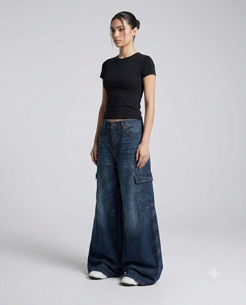 Women's Cargo Baggy Jeans — Washed Blue on model — three-quarter view