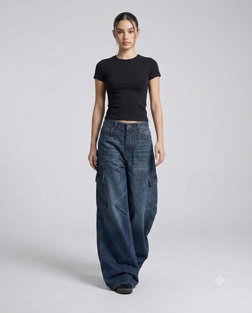 Women's Cargo Baggy Jeans — Washed Blue on model — walking, fabric in motion