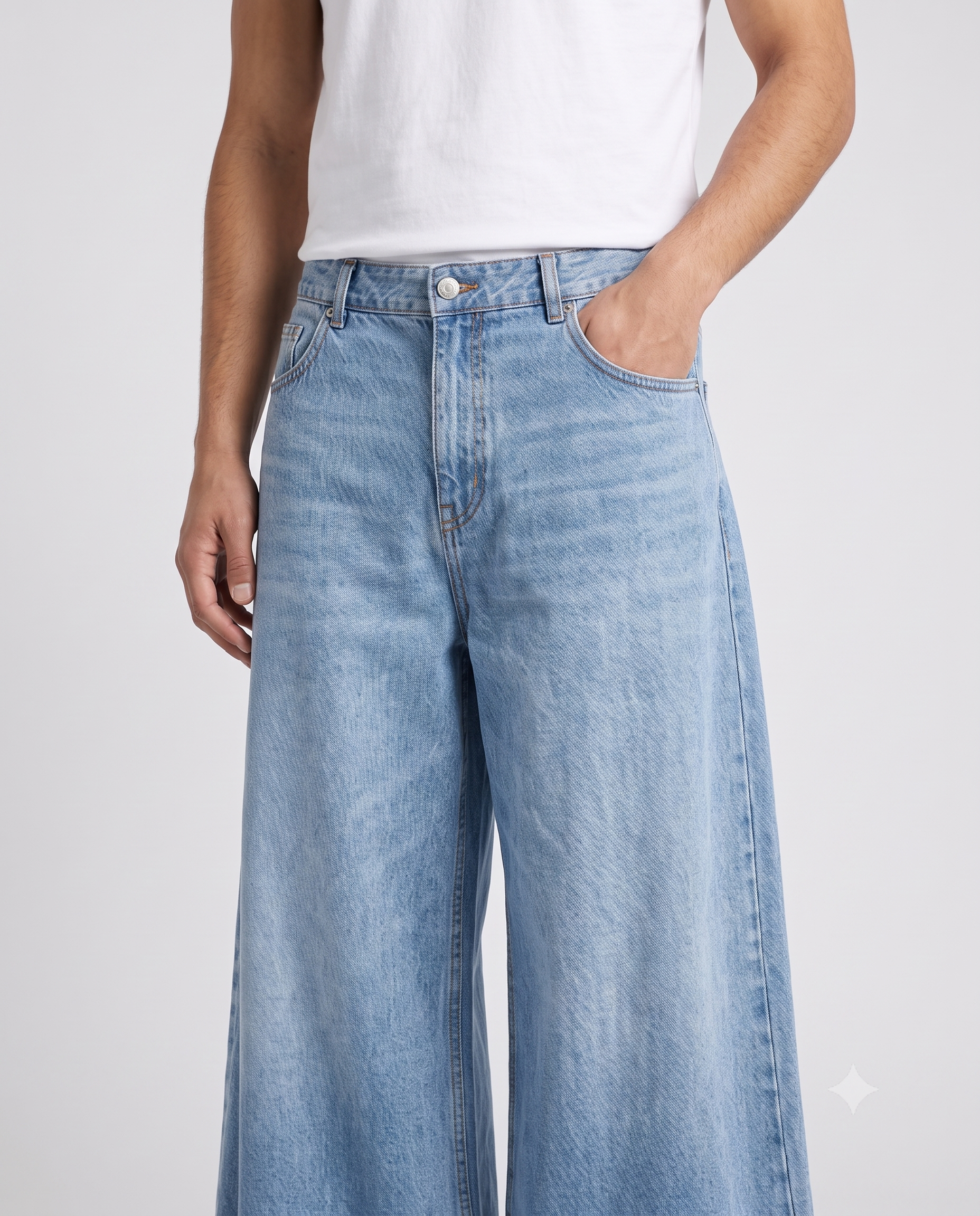 Big Easy Baggy Jeans — Pale Indigo on model — waist and pocket detail