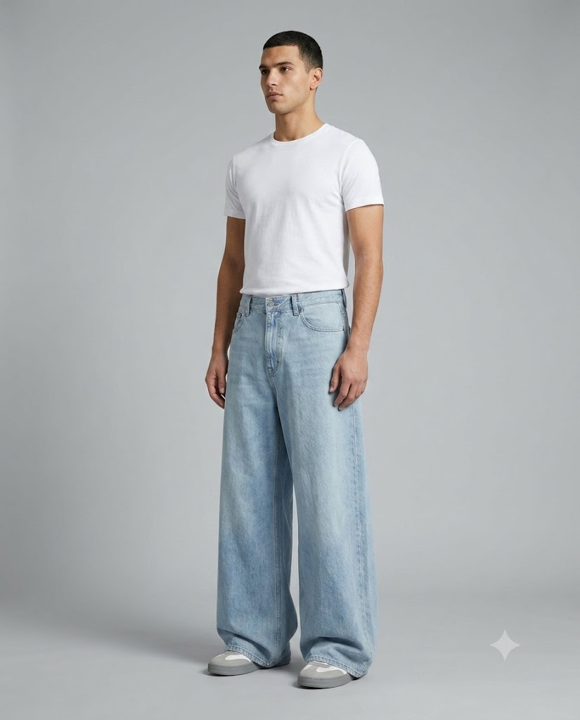 Big Easy Baggy Jeans — Pale Indigo on model — three-quarter view