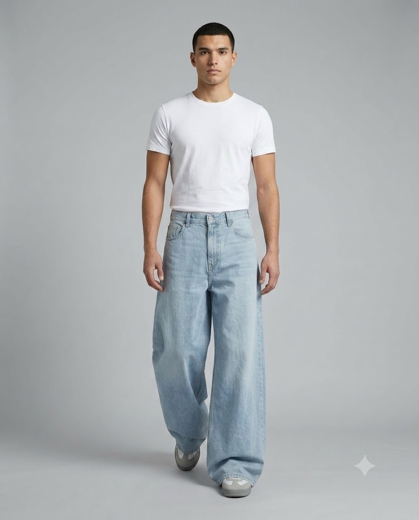 Big Easy Baggy Jeans — Pale Indigo on model — walking, fabric in motion